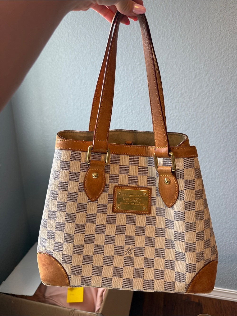 Louis Vuitton Damier Azur Check Hempstead PM Canvas Shoulder Bag with Tan Leathe